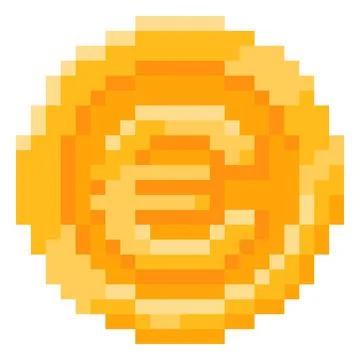 Euro coin pixel art vector icon, retro 8 bit money cash golden coin, European Stock Illustration