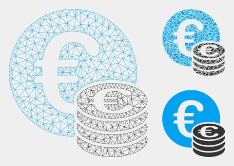 Euro Coin Stack Vector Mesh Carcass Model and Triangle Mosaic Icon Stock Illustration