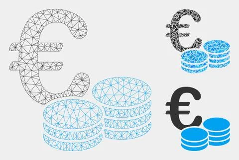 Euro Coin Stacks Vector Mesh 2D Model and Triangle Mosaic Icon Stock Illustration