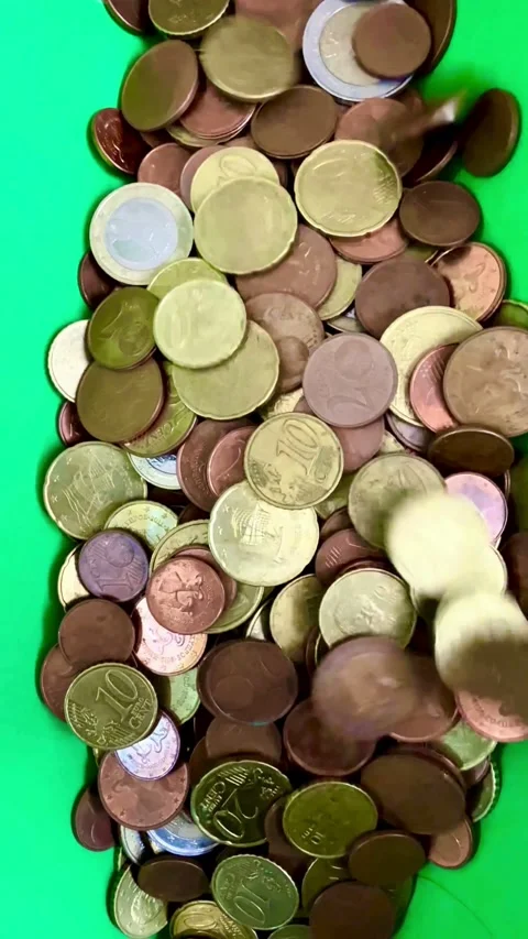 Euro coins falling down on a green screen background Video stock 331982123