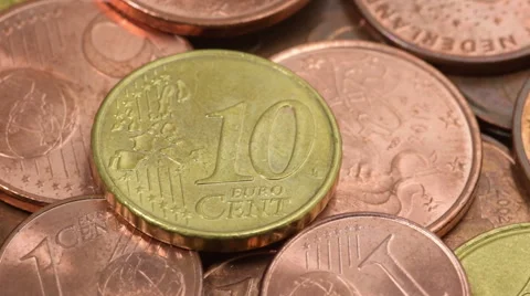 Euro coins macro rotating Video stock 58336364