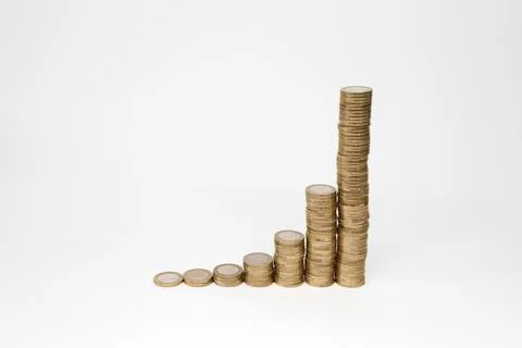 Euro Coins Stack as Exponential Growth of Wealth on White Background Stock Photos