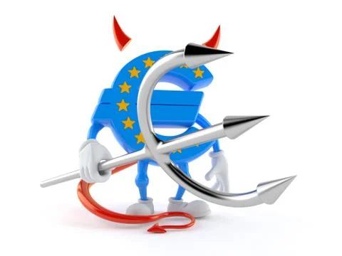 Euro currency character with devil horns and pitchfork Illustrazione stock