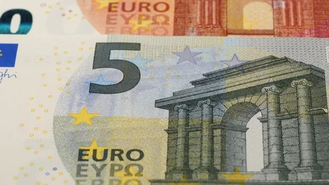 Euro currency notes close up tracking. Slider shot. Low angle, macro. 4K Stock Footage 125908725