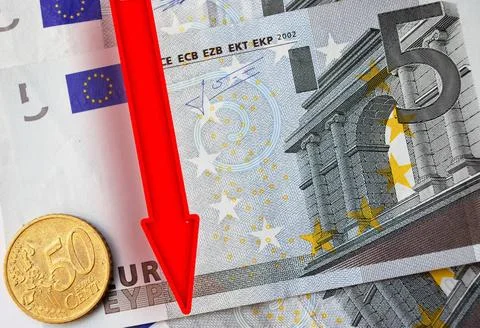Euro Falls Red Arrow Decrease Down over Euro Copyright: xZoonar.com/Skovor... 스톡 사진