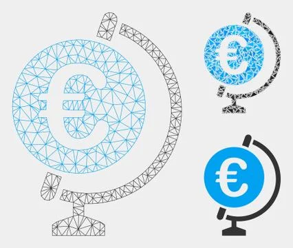 Euro Globe Vector Mesh Carcass Model and Triangle Mosaic Icon Illustrazione stock