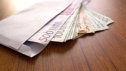 Euro Money Banknotes. Banknotes in envelope as part of payment system. Video stock 150599403