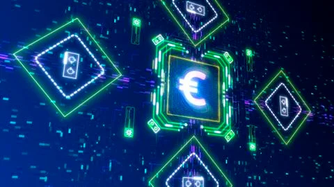 The euro money mining sign concept. Glow neon color and hi-tech cyber security Illustrazione stock