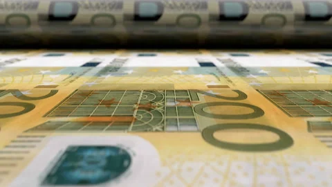 Euro money printing press machine prints 200 EUR banknotes. Seamless loop. Stock Footage