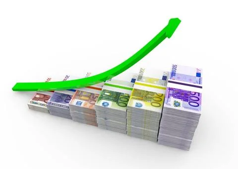 Euro notes with different value with up arrow euro notes with different va... Foto stock