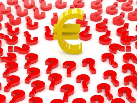 Euro sign surrounded by question marks. Concept 3D illustration. Stock Illustration
