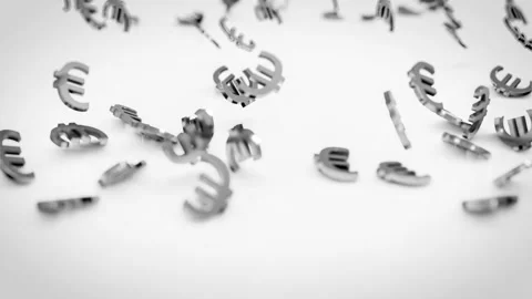 Euro signs fall down on white floor Stock Footage 165414409