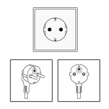 Euro socket and plug. Icon set. Two 2 pin socket sheme isolated vector graphic Stock Illustration