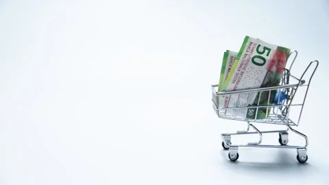 Euro Swiss franc notes in mini shopping cart Stock Footage 167124512