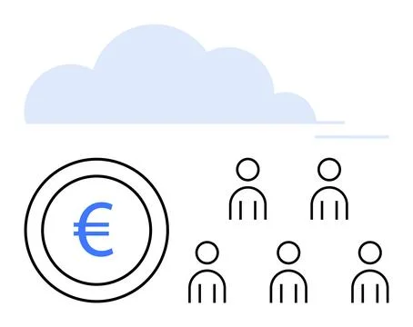 Euro symbol in circle five human icons, blue cloud. Ideal for finance, techno Stock Illustration