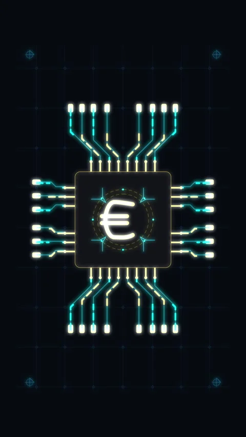 Euro symbol digital microprocessor circuit loop animation tech background Stock Footage 348334261
