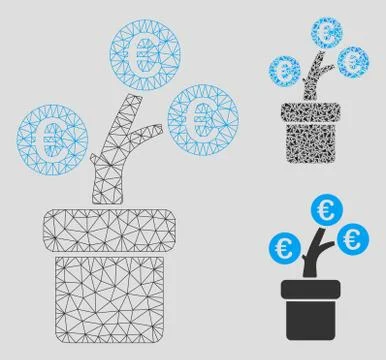 Euro Tree Pot Vector Mesh Carcass Model and Triangle Mosaic Icon Stock Illustration