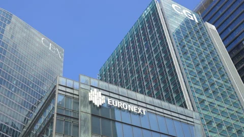 Euronext, CGI and CBX towers in La Defense business district in Paris, France Stock Footage 195331745