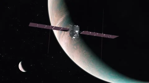 Europa Clipper Space Probe Passing Jupiter and Approaching Europa Stock Footage 301279835