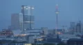 Europaturm Europe TV Tower Frankfurt Skyline Aerial View Highrise Evening Night HD Footage
