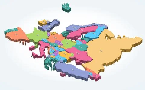 Europe 3d (isometric) map colored by regions Stock Illustration