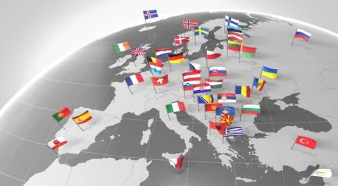 Europe - countries' borders and flags - 3D illustration Stock Illustration
