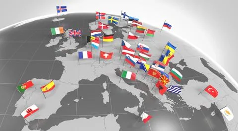 Europe - countries' borders and flags - 3D illustration Stock Illustration