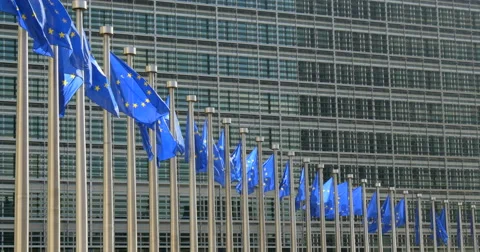 Europe European Union Flags EU Parliament background Brussels Belgium Euro sign Stock Footage