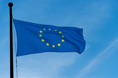 Europe Flag waving over blue sky (3D rendering) Stock Illustration