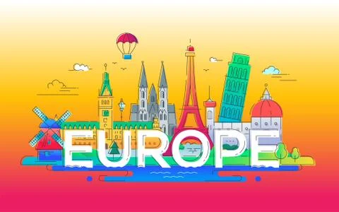 Europe - flat design composition with landmarks Stock Illustration