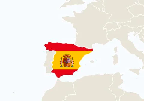 Europe with highlighted Spain map. Stock Illustration