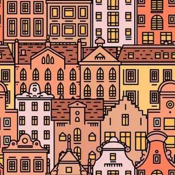 Europe house Seamless pattern. Cute architecture background. Neighborhood with Illustrazione stock