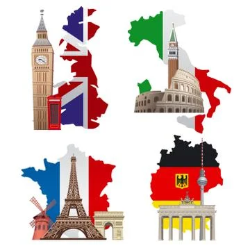 Europe landmarks and maps Stock Illustration