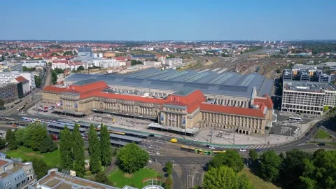 Europe largest terminus central station in Leipzig showing trams and buses Stock Footage 284308429