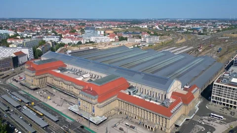 Europe largest terminus central station in Leipzig showing trams and buses Stock Footage 284308505