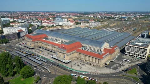 Europe largest terminus central station in Leipzig showing trams and buses Video stock 284308544