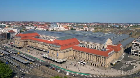 Europe largest terminus central station in Leipzig showing trams and buses Video stock 284309376