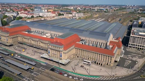Europe largest terminus central station in Leipzig showing trams and buses Stock Footage 284309857