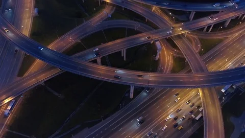 Europe layered night multi-level road junction Active traffic cars Helicopter  Stock Footage 116267840