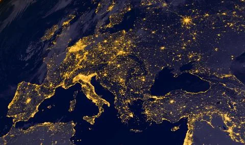 Europe lights at night from space, elements of this image are furnished by NASA Stockfoto's