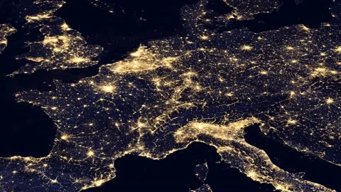 Europe at Night Satellite Aerial View Animation Stock Footage