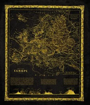 Europe Physical Map Black And Gold Historical Map Stock Illustration