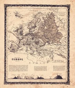 Europe Physical Map - Historical Map from 1859 Stock Photos