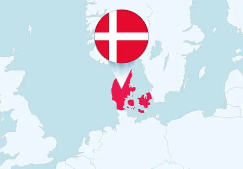 Europe with selected Denmark map and Denmark flag icon. Stock Illustration