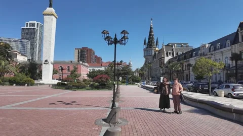 Europe square with medea statue and astronomical clock in batumi Stock Footage 333500734