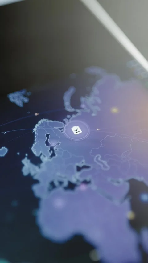 European care node glows on vertical world map Video stock 346033465