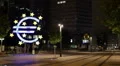 European Central Bank Frankfurt Night Lights Euro Sign Empty Street No People HD Footage