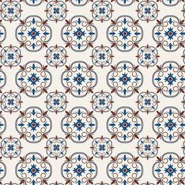 European Ceramic Tile Seamless Pattern with Blue Floral Ornamental Motifs Stock Illustration