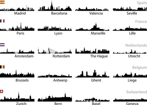 European cities skylines vector set Stock Illustration