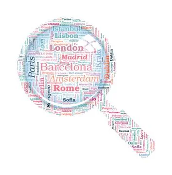 European cities vector word cloud on white background - tourism &amp; travel conc Illustration